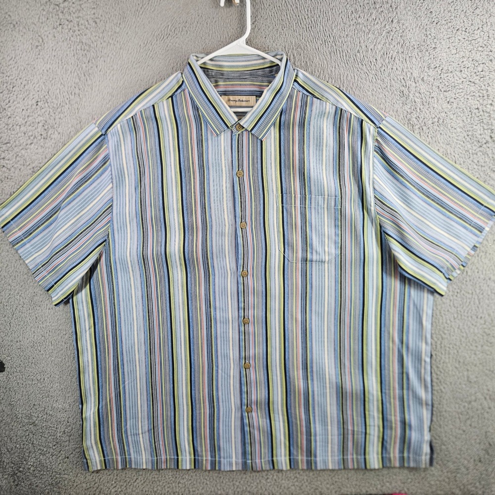 Tommy Bahama Mens 3XB Silk Blend Striped Short Sleeve Button Up Camp Shirt Blue